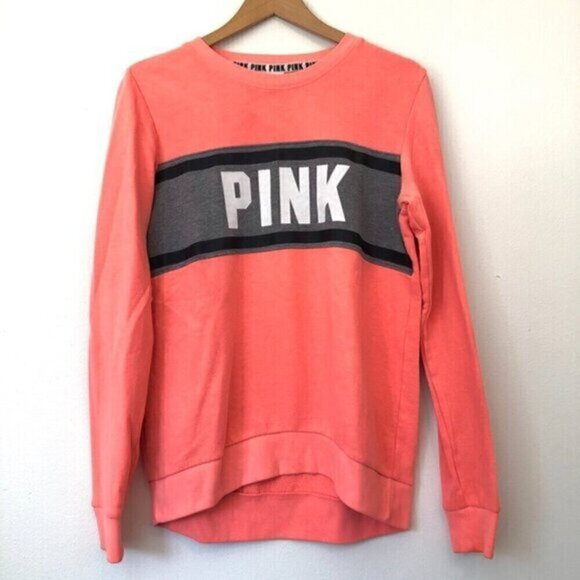 PINK VS VICTORIAS SECRET Neon Coral Orange PINK Stripe Crewneck Sweatshirt Small - Picture 1 of 11
